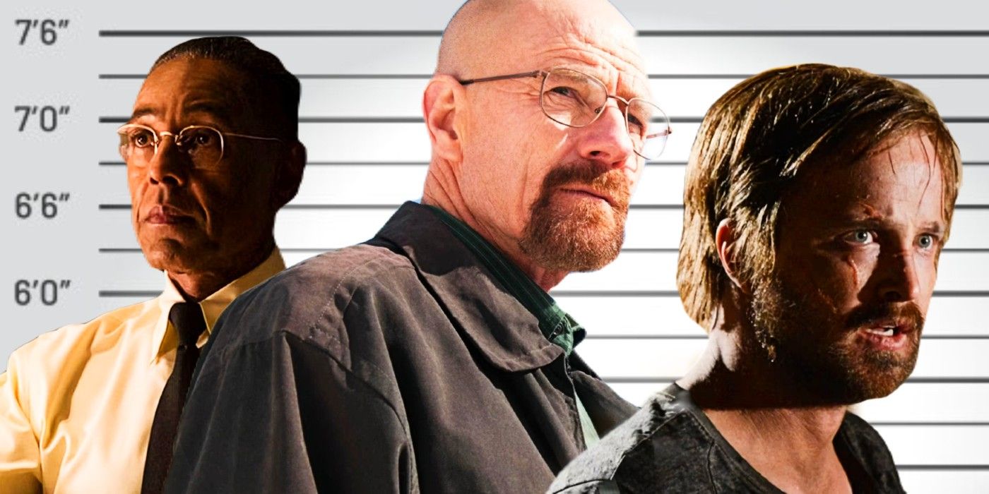 Blended image of Gus. Walter, and Jesse in Breaking Bad in front up a police line-up board