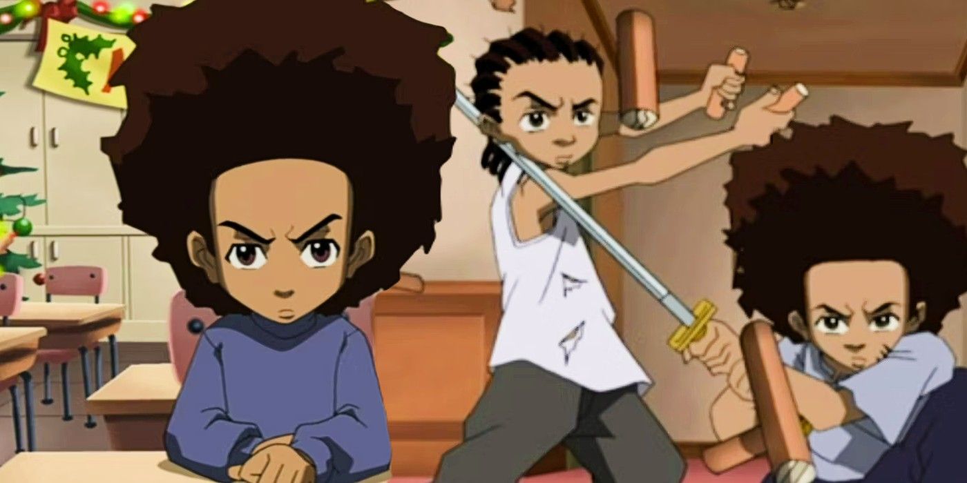 Blended image of Huey in class and Huey with a katana in The Boondocks