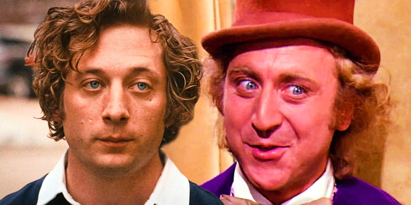 Imagem mesclada de Jeremy Allen White em O Urso e Gene Wilder em Willy Wonka e a Fábrica de Chocolate