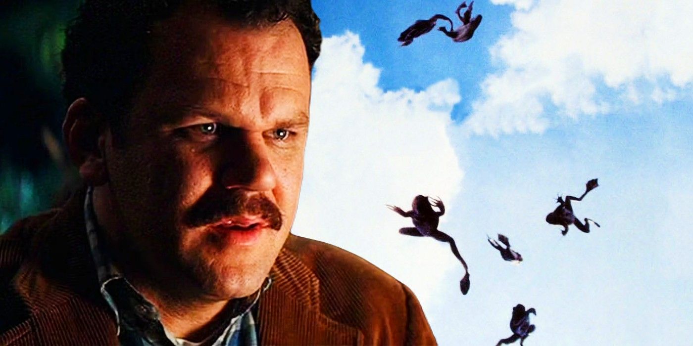 Blended image of Jim (John C. Reilly) and frogs falling from the sky in Magnolia