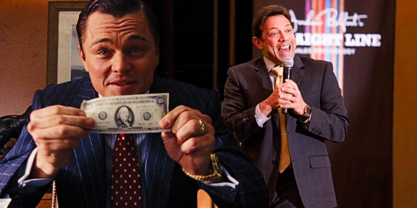 Blended image of Jordan Belfort (Leonardo DiCaprio) and the real Jordan Belfort in The Wolf of Wall Street