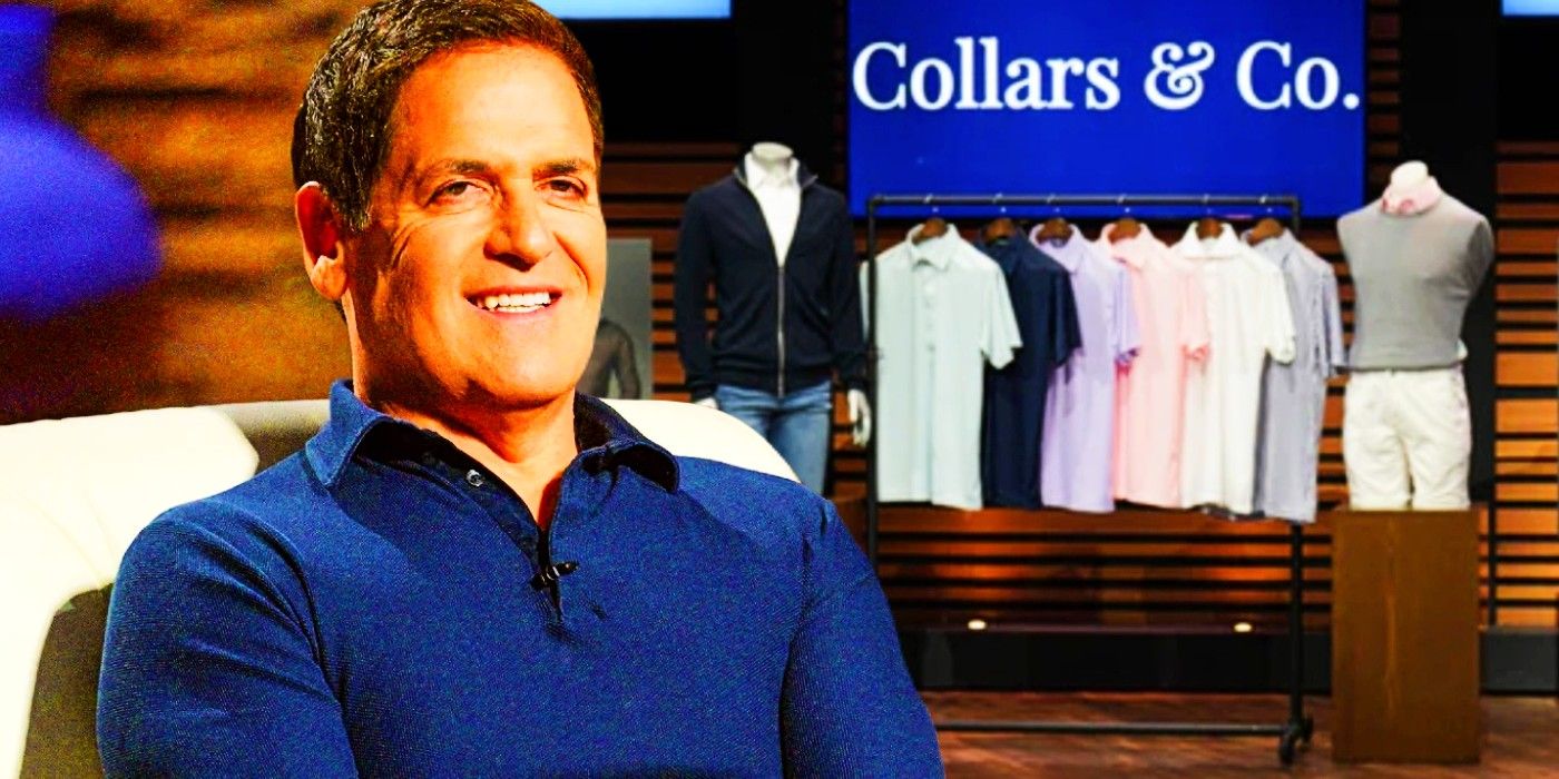 Blended image of Mark Cuban and the Collars and Co stand in Shark Tank