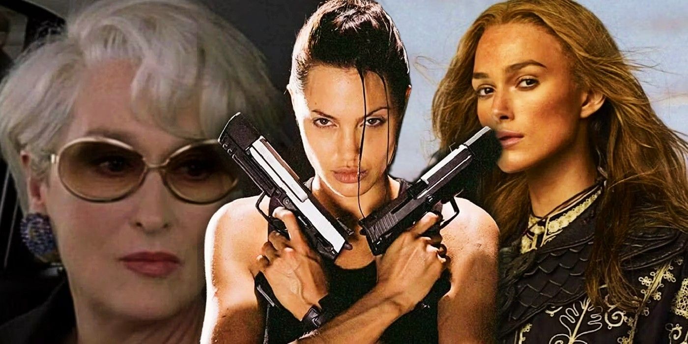 Blended image of Meryl Streep in The Devil Wears Prada, Angelina Jolie in Tomb Raider, and Keira Knightley in Pirates of the Caribbean
