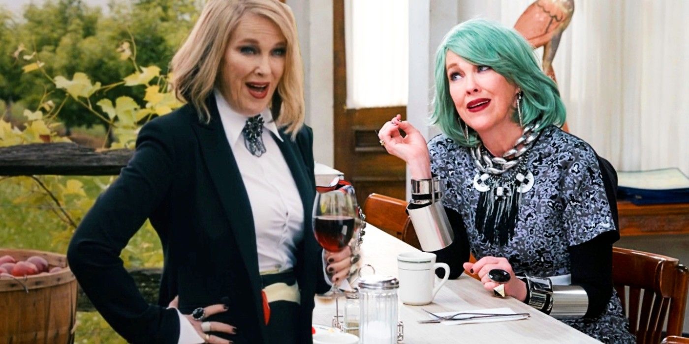 Blended image of Moira in a coffee shop and a vineyard in Schitt's Creek