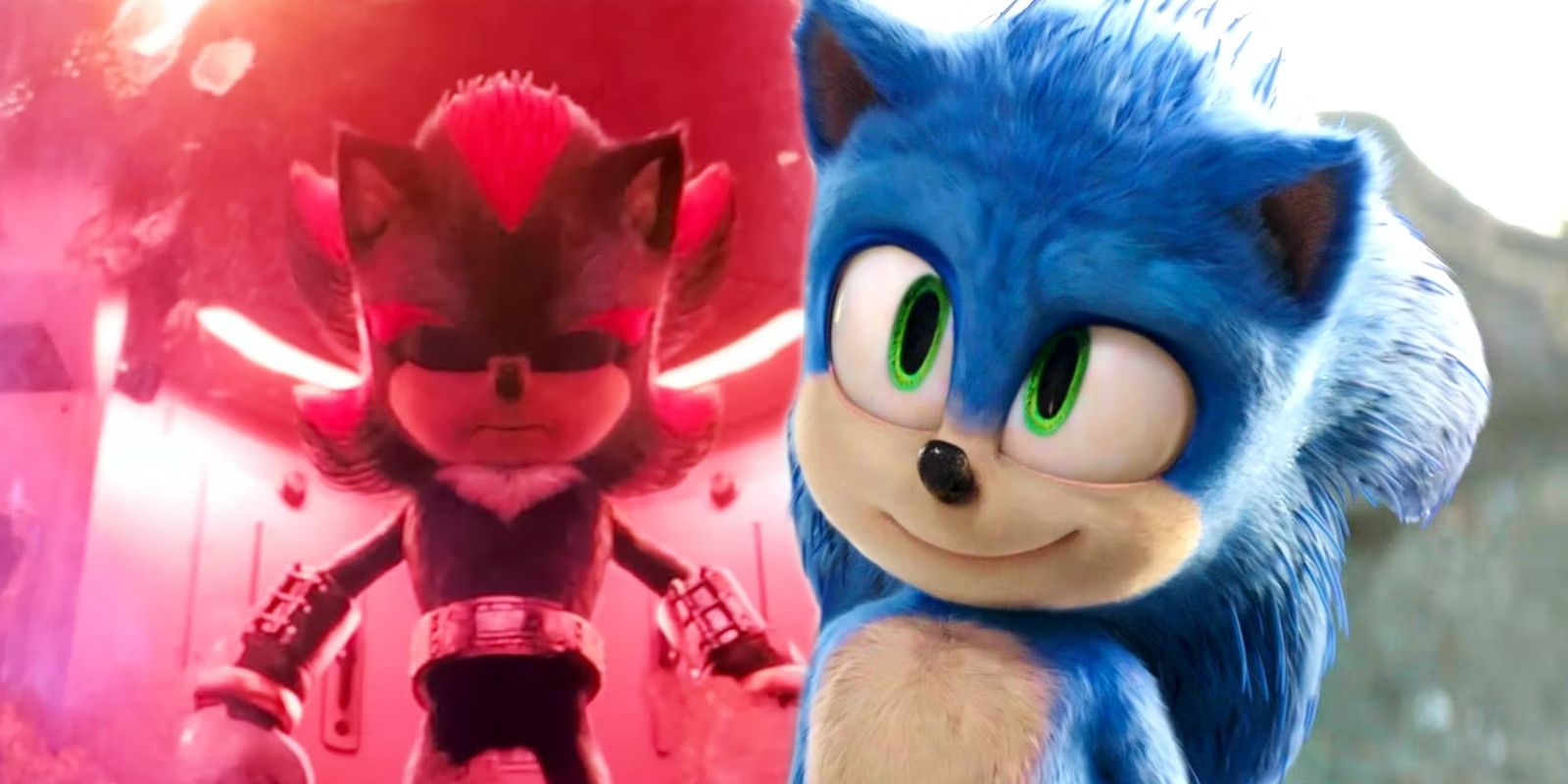 Shadow the Hedgehog in an experiment tank and Sonic smiling in Sonic the Hedgehog 2