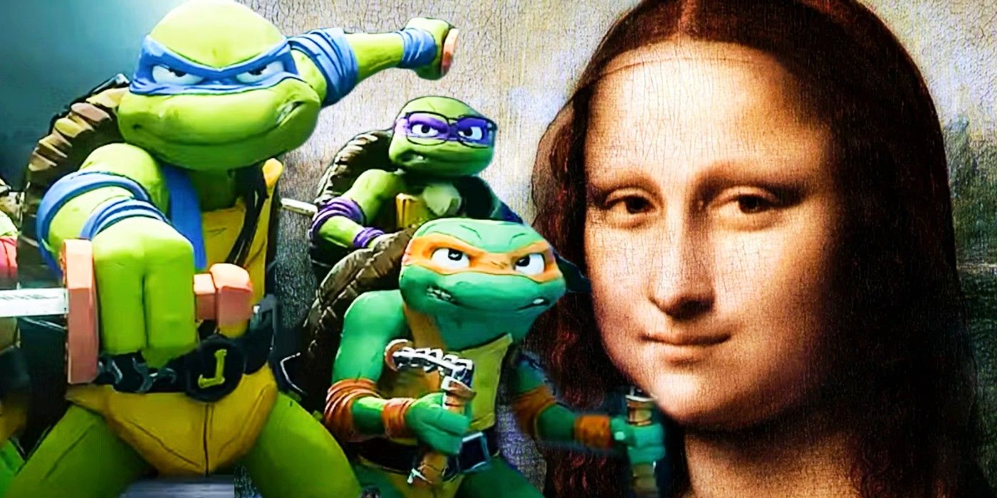 Blended image of the turtles in Teenage Mutant Ninja Turtles Mutant Mayhem and the Mona Lisa