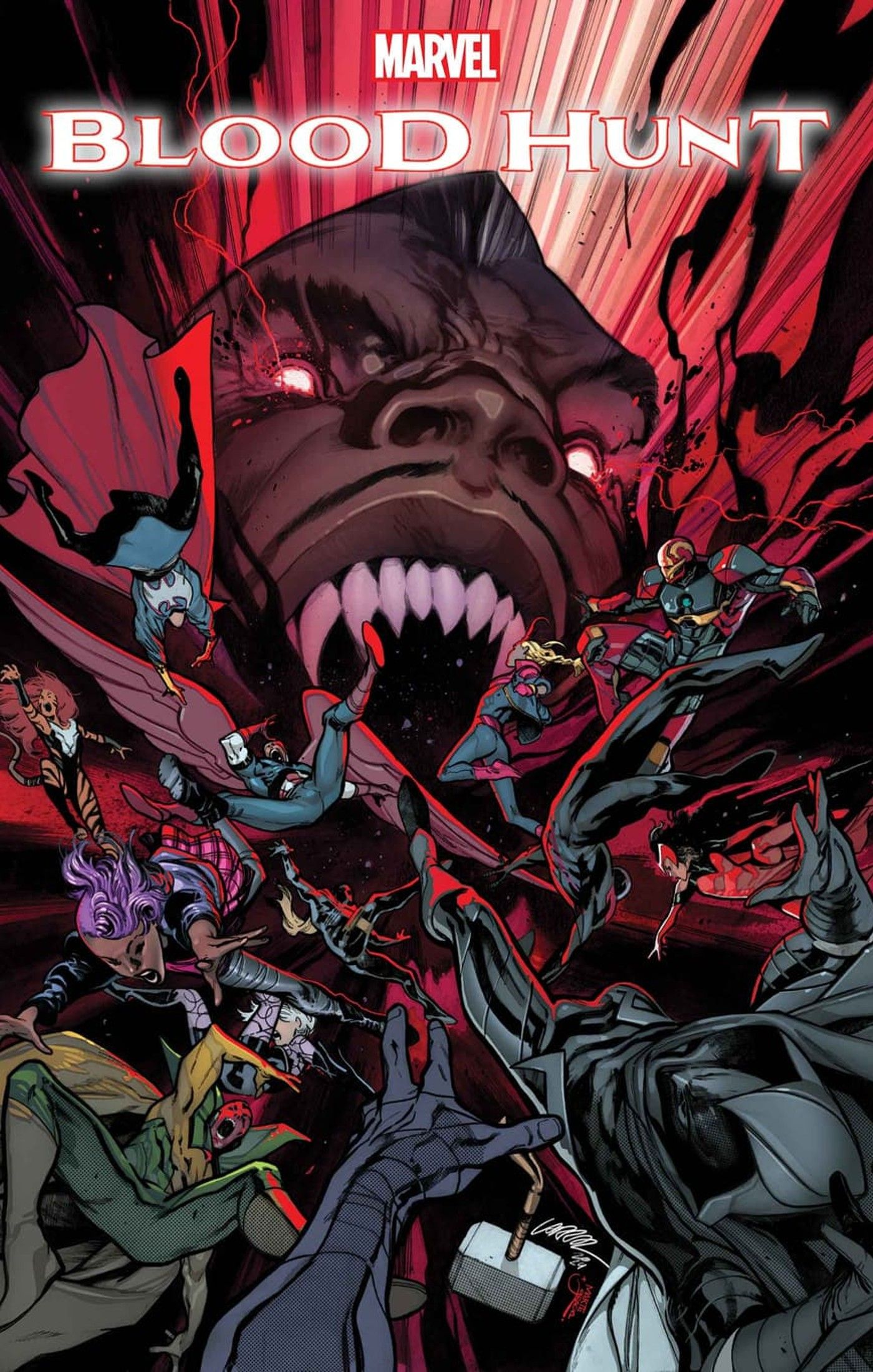 Capa de Blood Hunt #5, Vingadores sendo sugados pela boca com presas de um vampiro