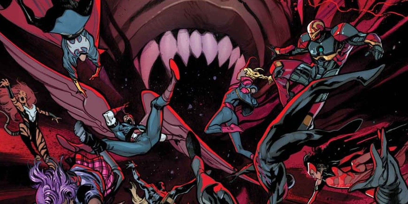 Cropped cover for Blood Hunt #5, Marvel Heroes flying into the fanged mouth of a vampire