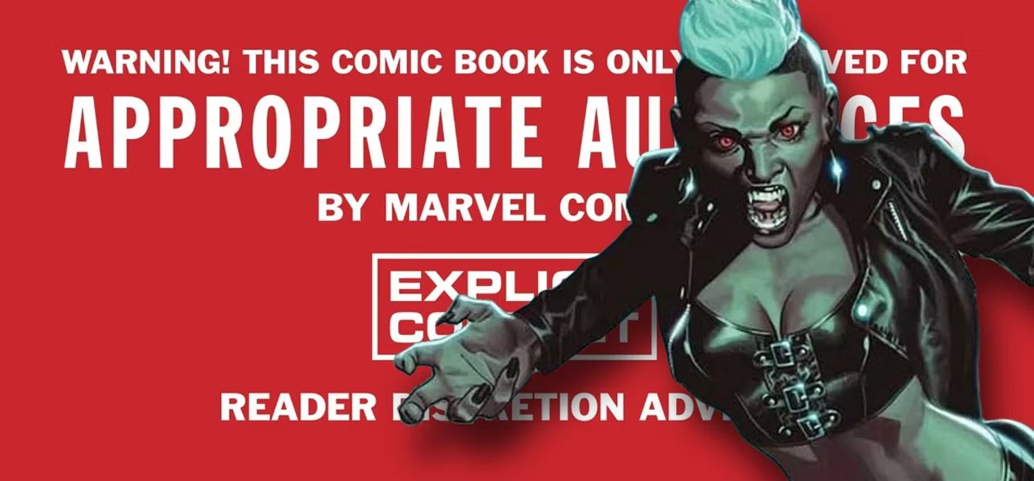 A vampiric version of X-Men's Storm, in front of a warning banner for Marvel's mature Red Band comics