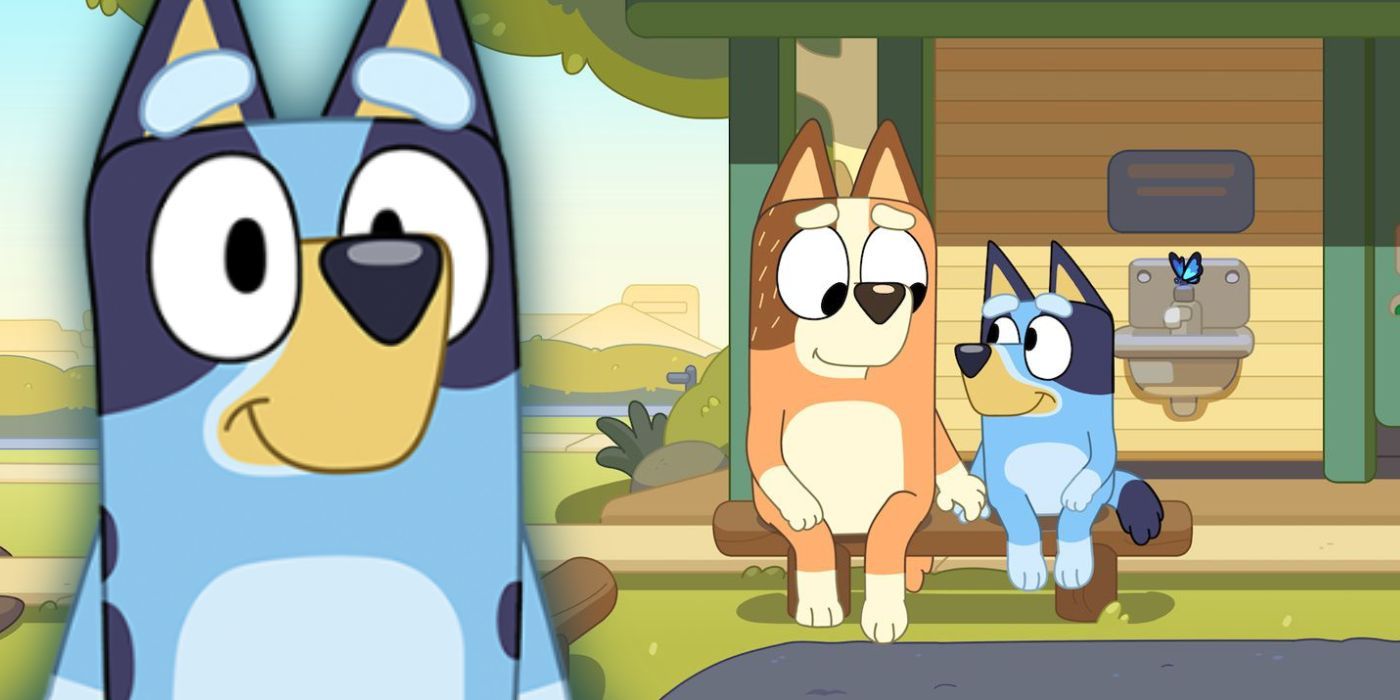Bluey looking hopeful with Chilli and Bluey sharing a moment in the background from The Sign episode of Bluey