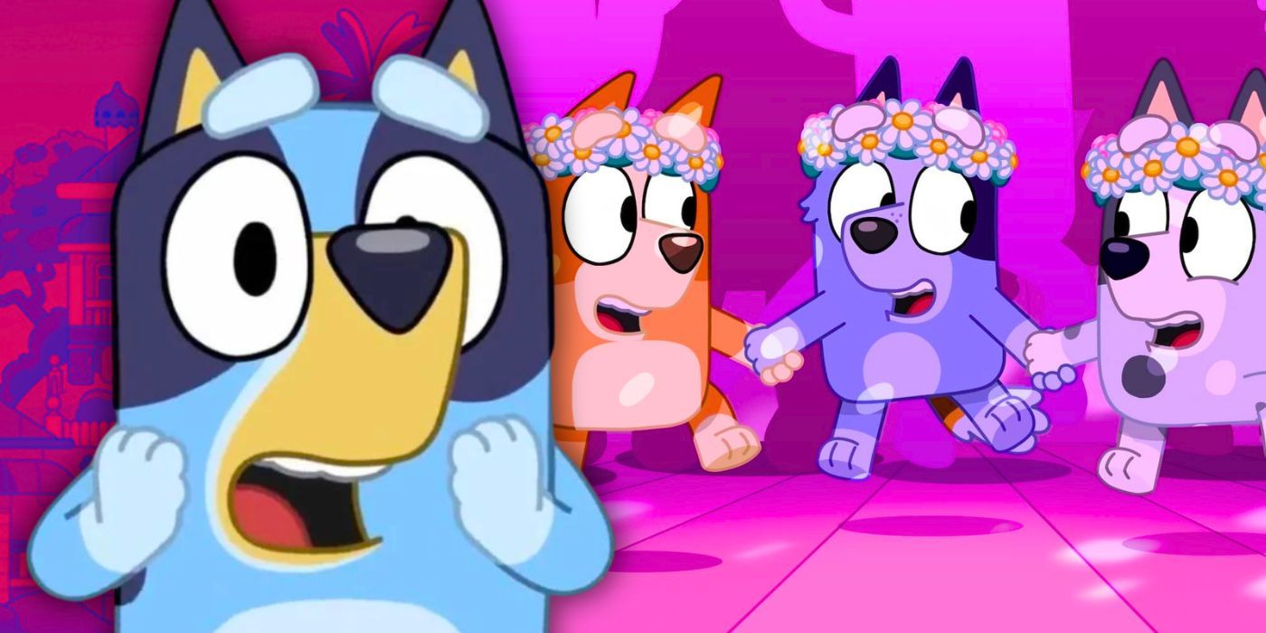 Bluey looking shocked while Bingo, Socks and Muffin dance in Bluey episode The Sign