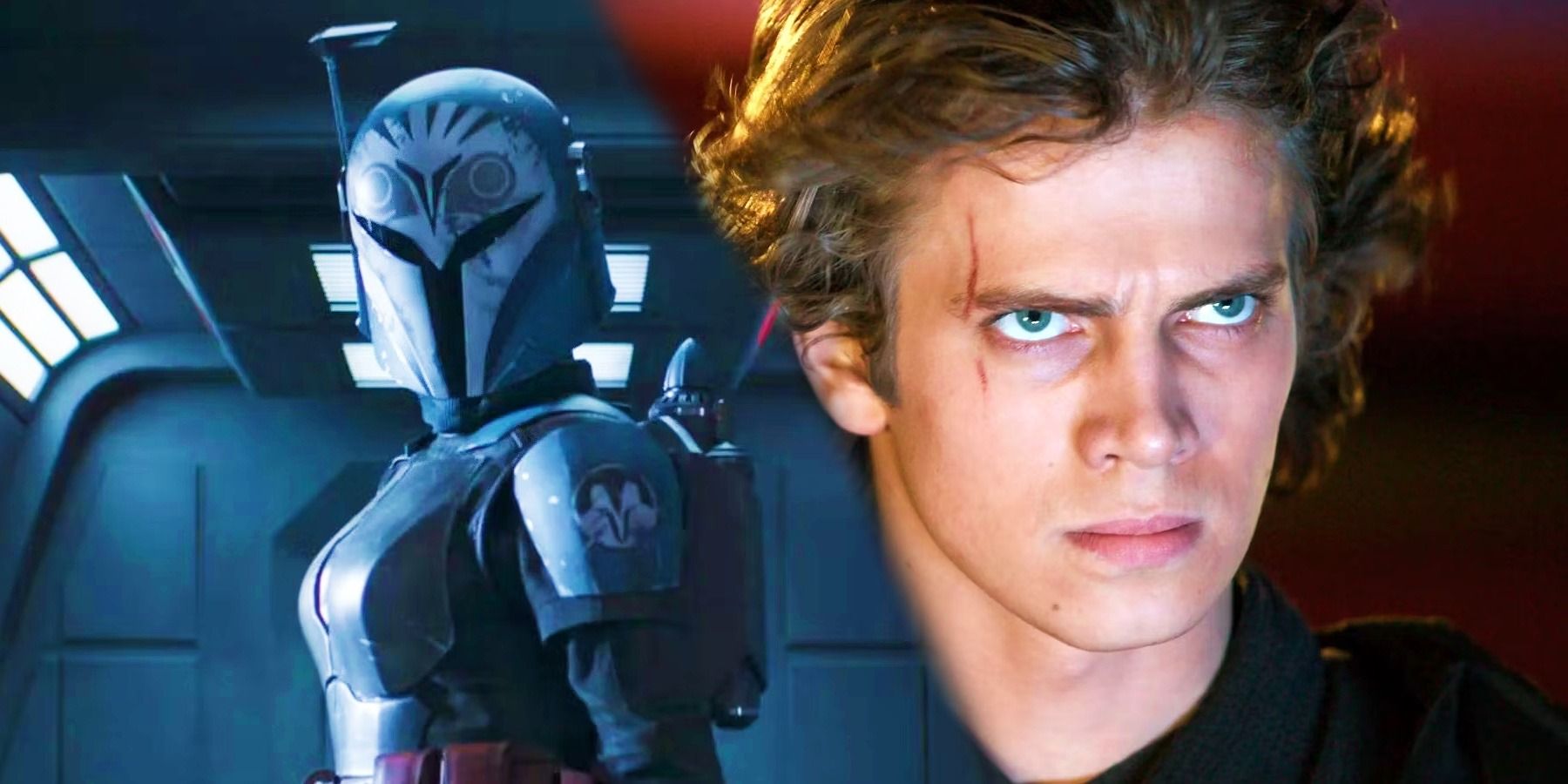 Bo-Katan in The Mandalorian season 3 to the left and Anakin in Revenge of the Sith to the right in a combined image 