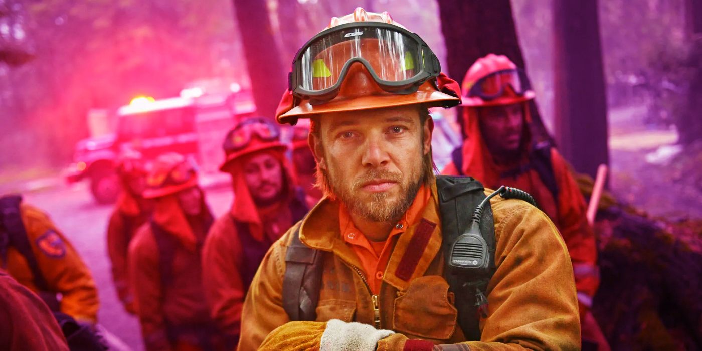 Bode in Fire Country as a firefighter surrounded by other inmate firefighters