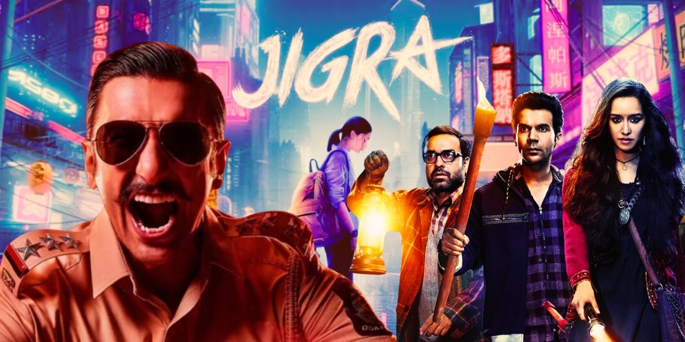 A composite image features the cropped poster for Bollywood movie Jigra with characters from Singham Again and Stree overlaid