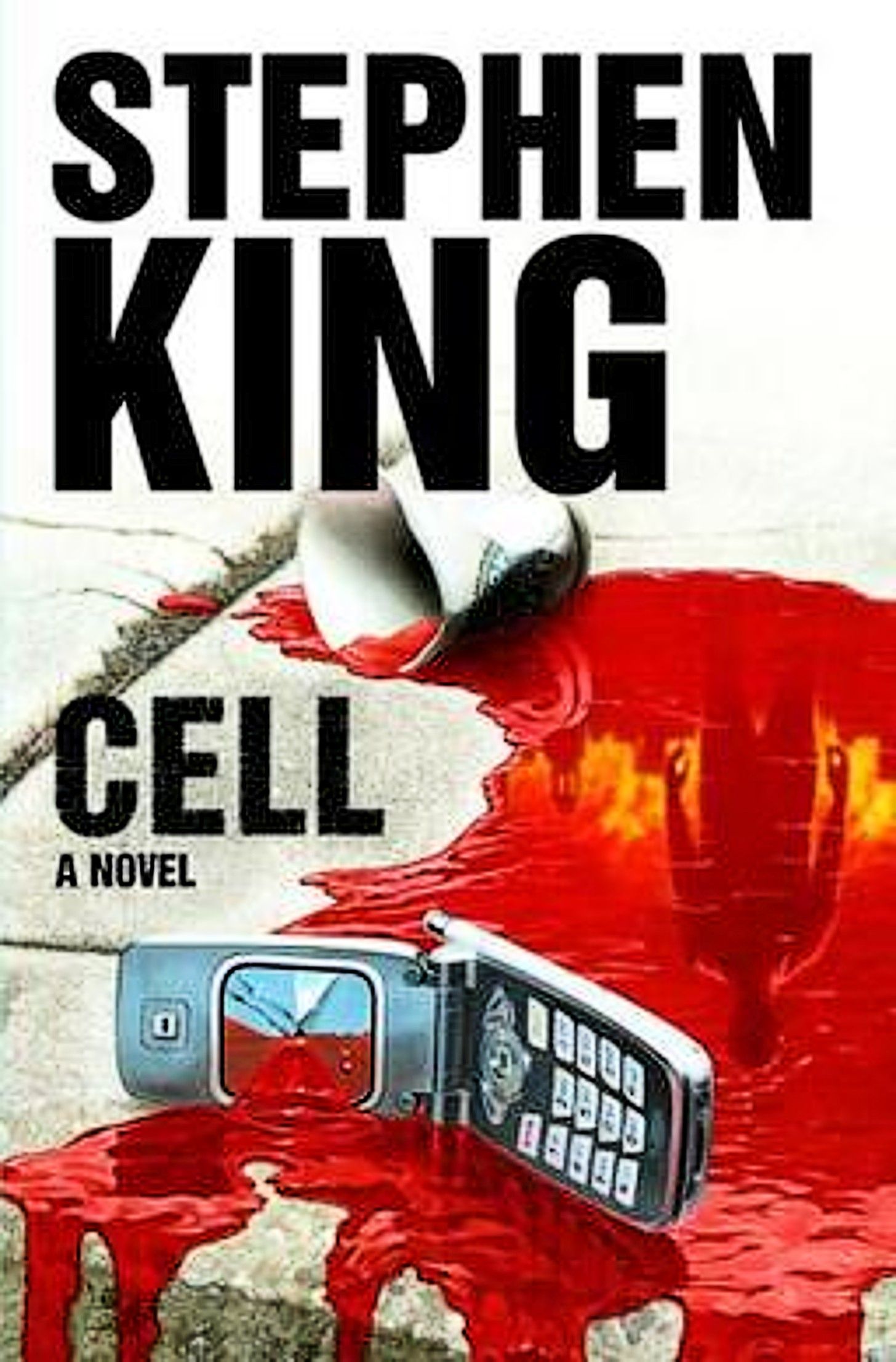 capa do livro CELL, de Stephen King, apresentando um telefone celular com a tela quebrada em uma poça de sangue.