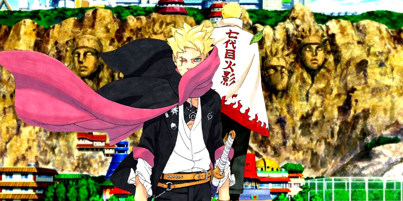 Boruto and Naruto standing back to back in front of the stone monument dedicated to the past Hokage of the Hidden Leaf Village