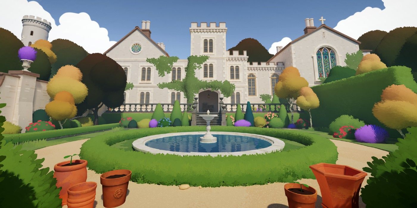 Botany Manor Key Art showing a fountain in front of the entrance to the mansion.