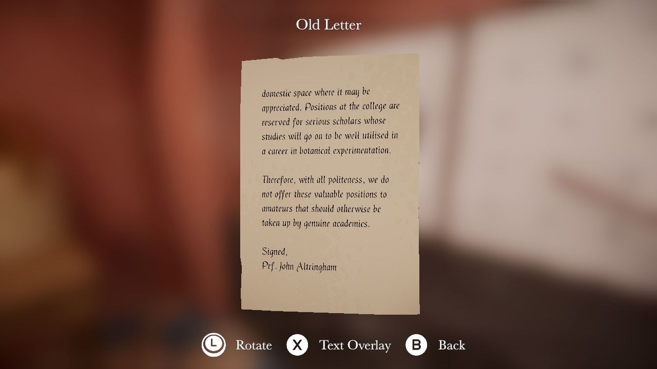 Botany Manor Old Letter vista de perto mostrando uma carta de rejeição de um professor para Arabella.