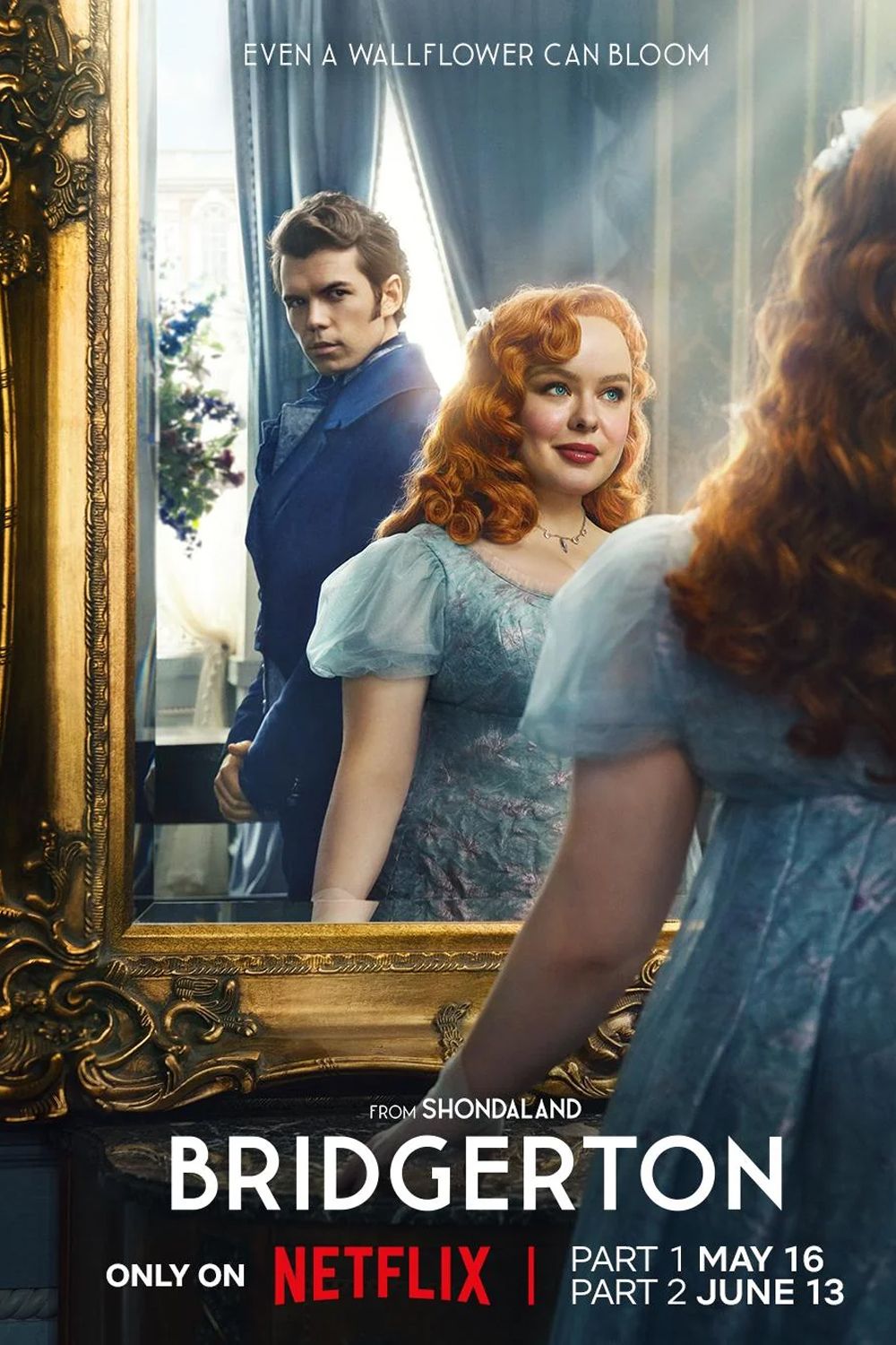 Cartaz da terceira temporada de Bridgerton mostrando Penelope Featherington olhando para um espelho