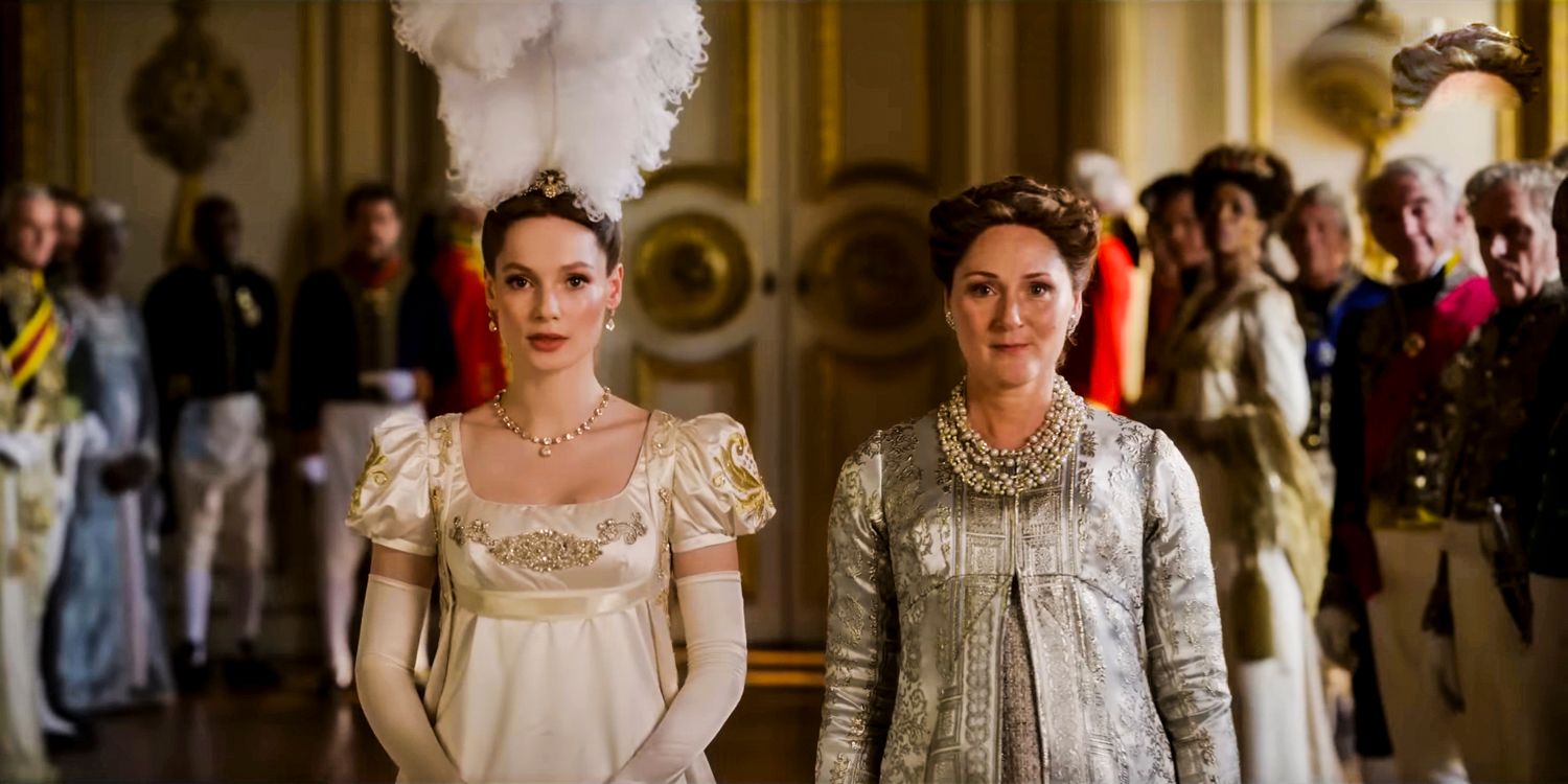 Francesca Bridgerton and Lady Violet Bridgerton standing next to each other, facing the camera in Bridgerton season 3 trailer