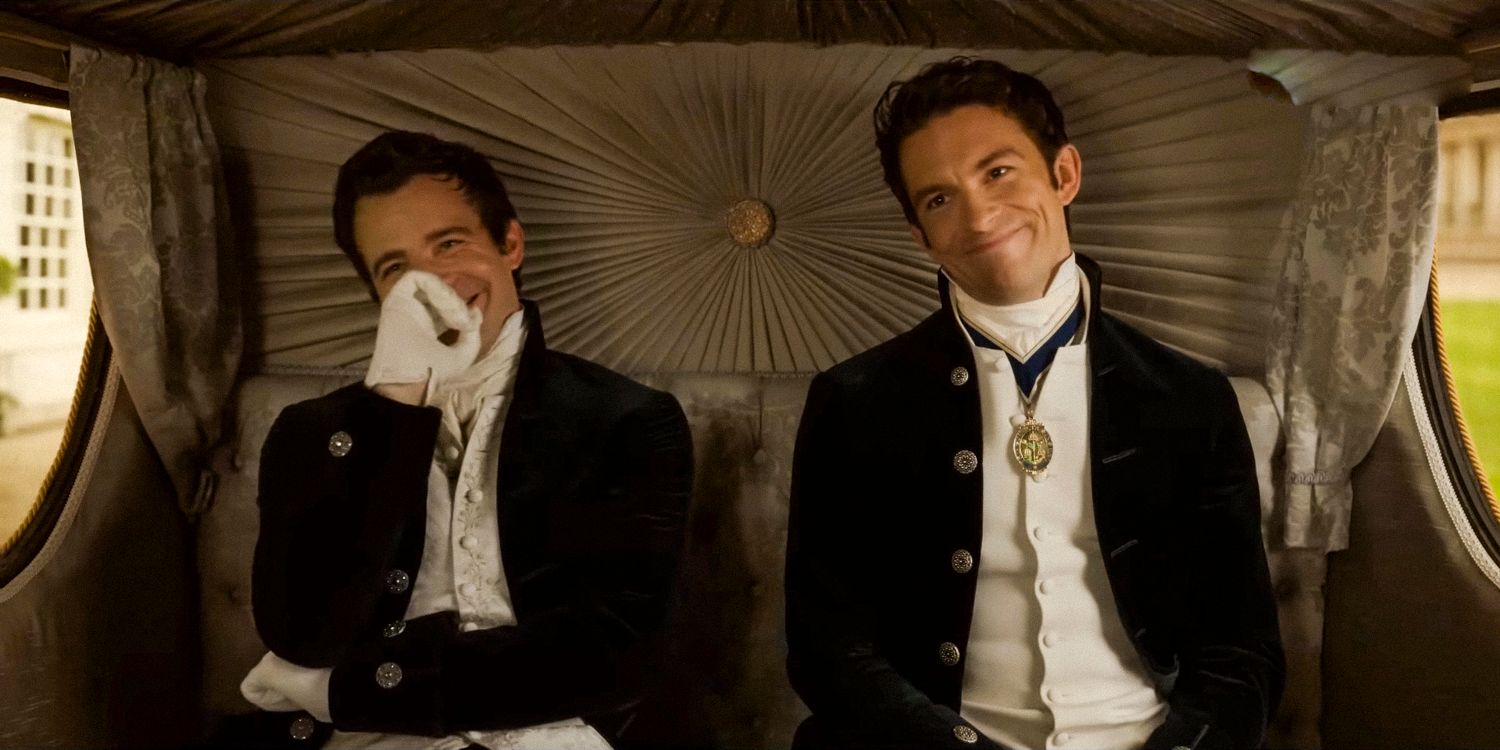 Anthony Bridgerton and Benedict Bridgerton with mocking laughter aboard their carriage in Bridgerton season 3 trailer