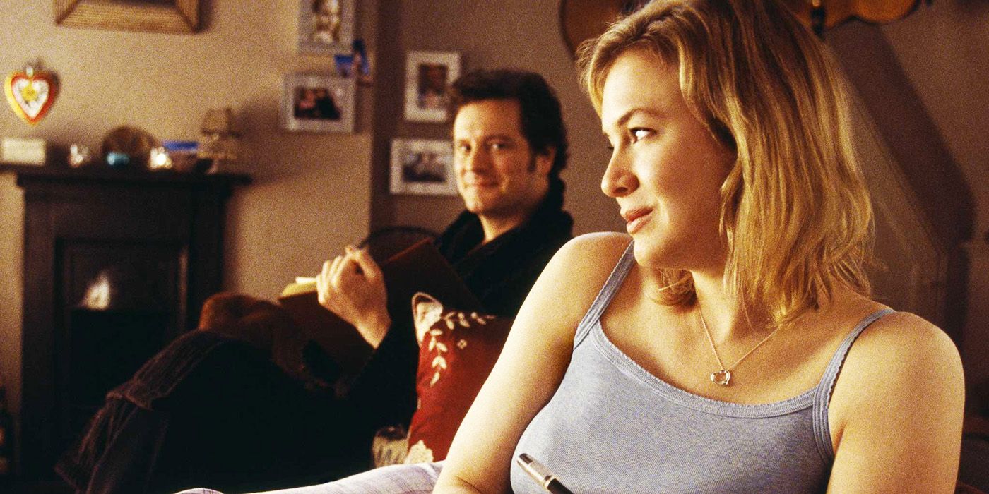 Bridget Jones writing on her diary next to Mark Darcy reading a book