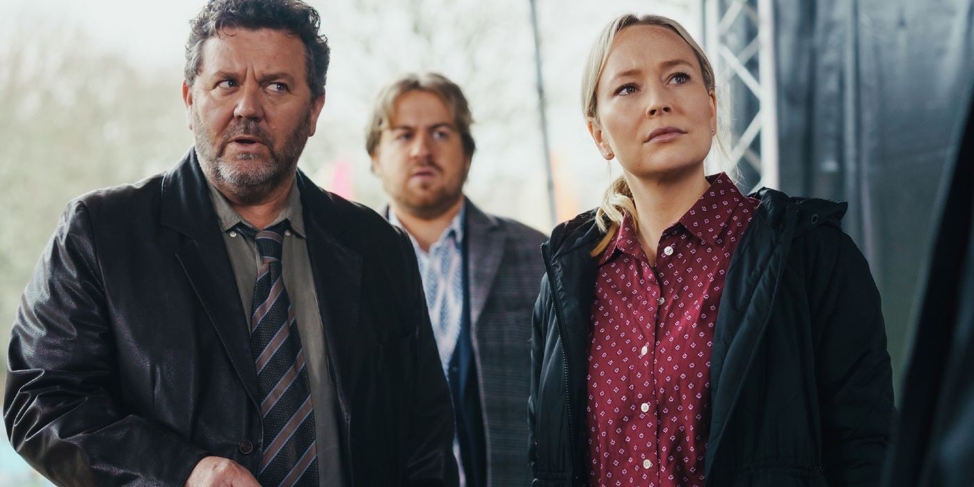 Sims looks on determined while Shepherd gives her side-eye in The Brokenwood Mysteries