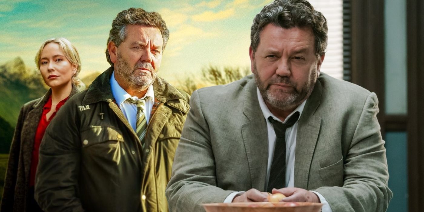 A composite image of Shepherd looking quizzically in front of a promo image of Shepherd and Sims from The Brokenwood Mysteries 