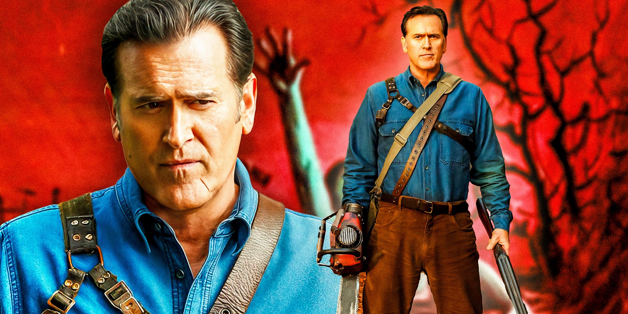 Collage of Bruce Campbell as Ash Williams in Ash Vs Evil Dead Show with original poster in background