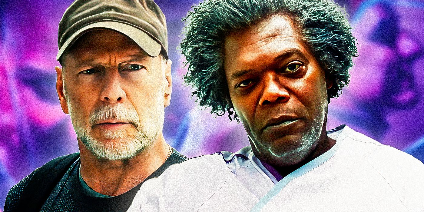(Bruce Willis as David Dunn) and (Samuel L. Jackson as Elijah Price) from Glass 