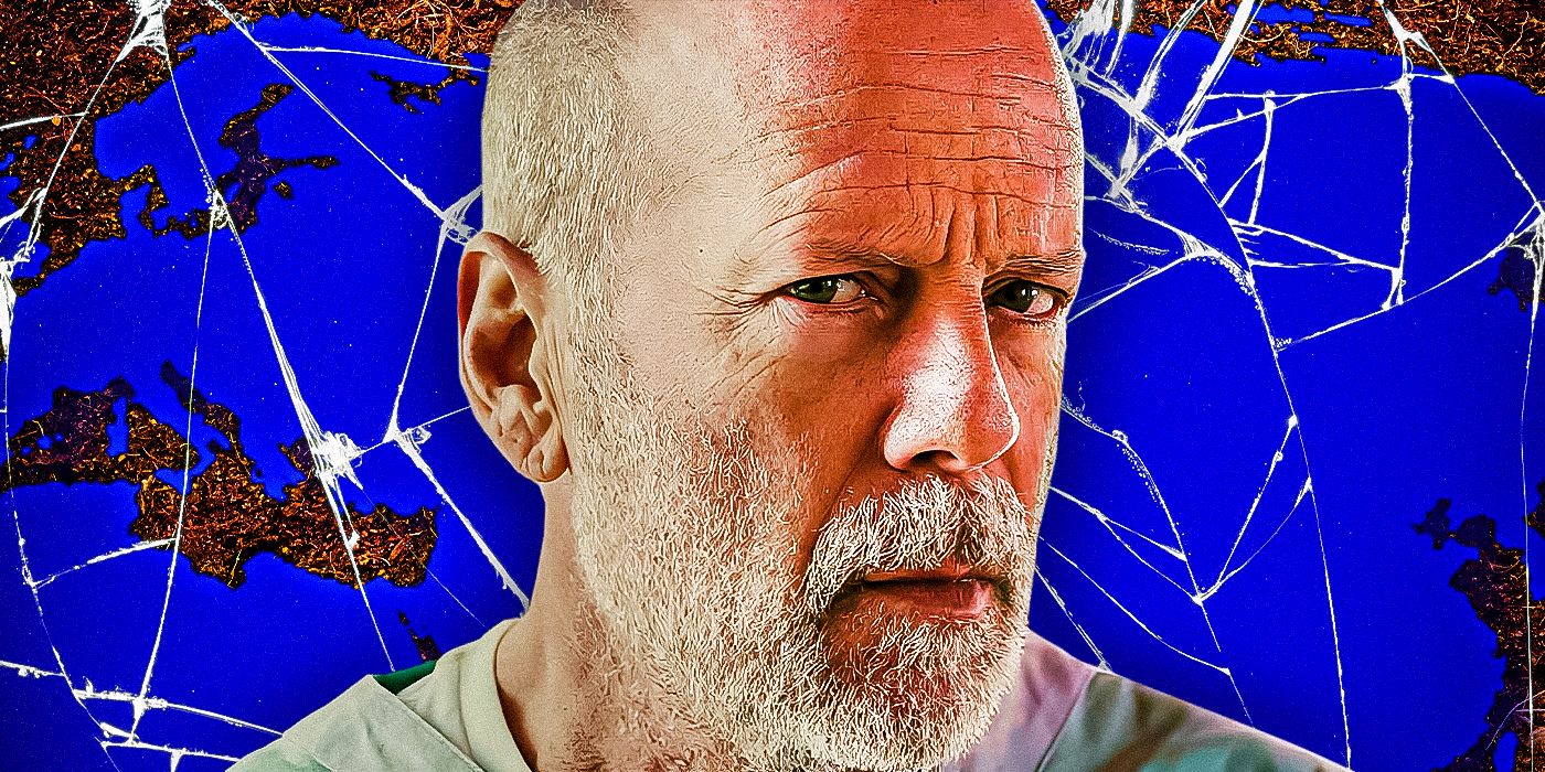 Bruce Willis as David Dunn in Glass with a blue, cracked background