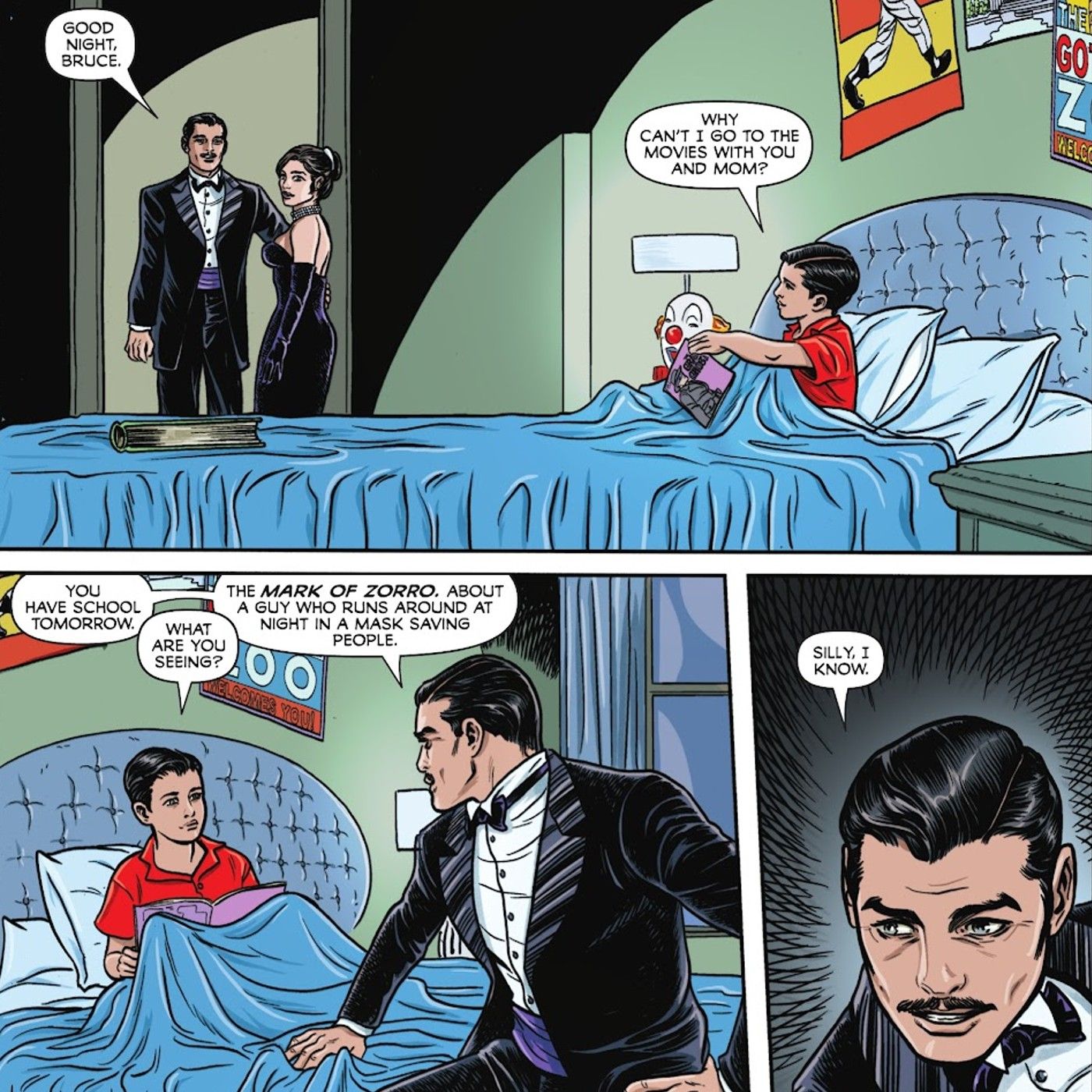 Painéis de quadrinhos: Bruce Wayne na cama enquanto seus pais se preparam para partir sem ele.