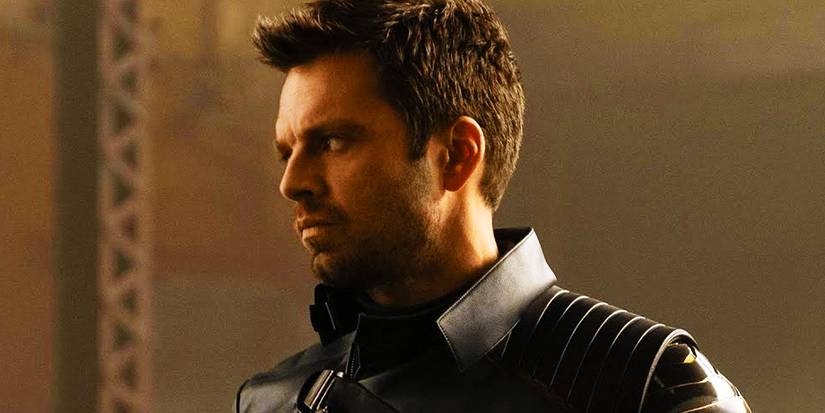 Bucky Barnes in his black suit in The Falcon and the Winter Soldier