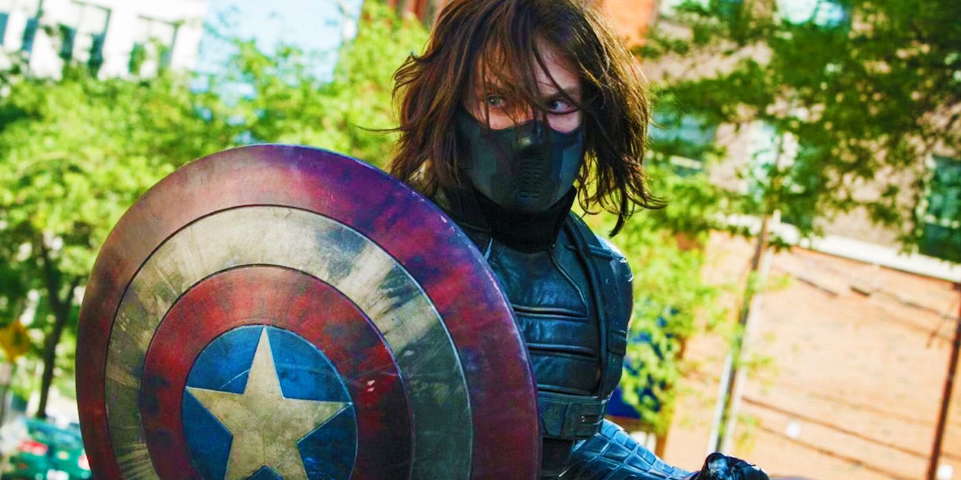 Bucky Barnes' Winter Soldier with Captain America's shield in Captain America The Winter Soldier