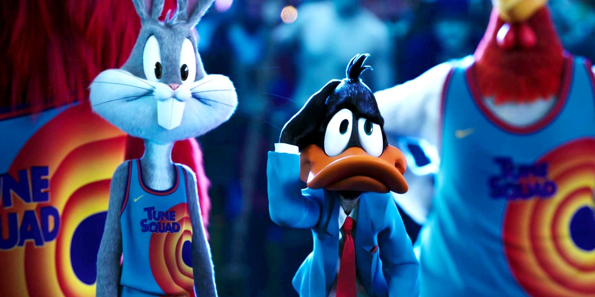 Bugs Bunny and Daffy Duck in their basketball uniforms in Space Jam A New Legacy