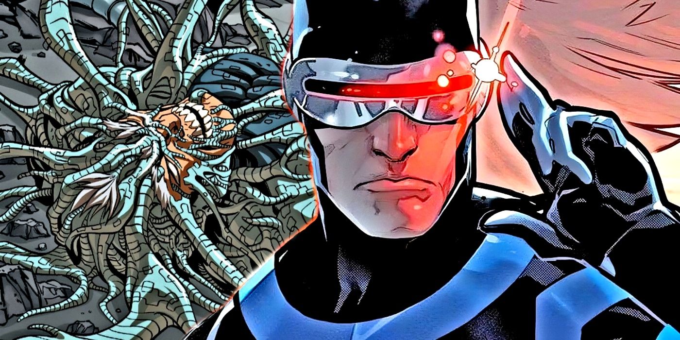 X-Men&rsquo;s Cyclops with Cable being overtaken by the techno-organic virus behind him.