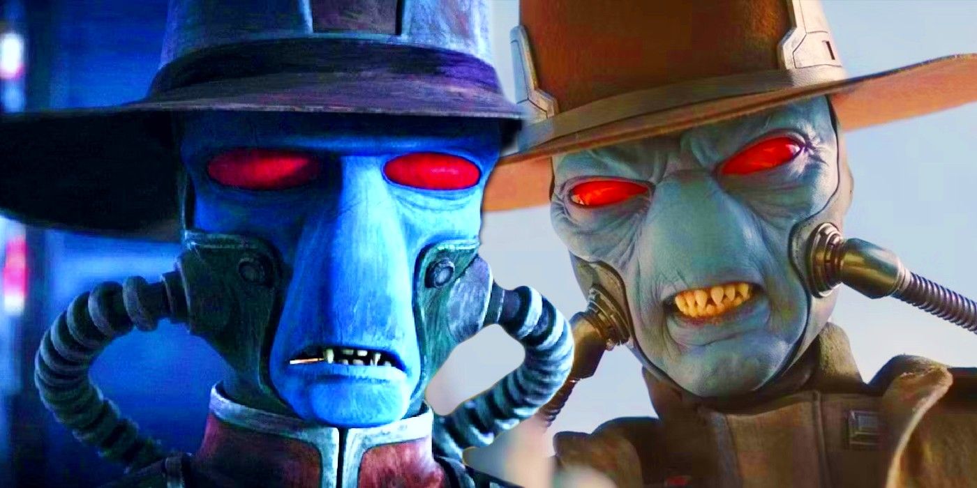 Cad Bane animated while chewing on a toothpick in Star Wars: The Bad Batch next to live-action Cad Bane snarling at the camera in The Book of Boba Fett