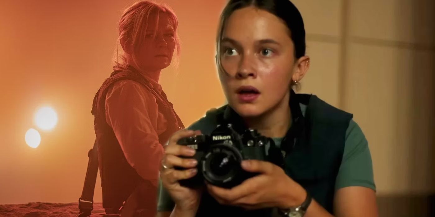 Kirsten Dunst as Lee reporting in a war scene next to Cailee Spaeny as Jessie Holding a Camera in Civil War