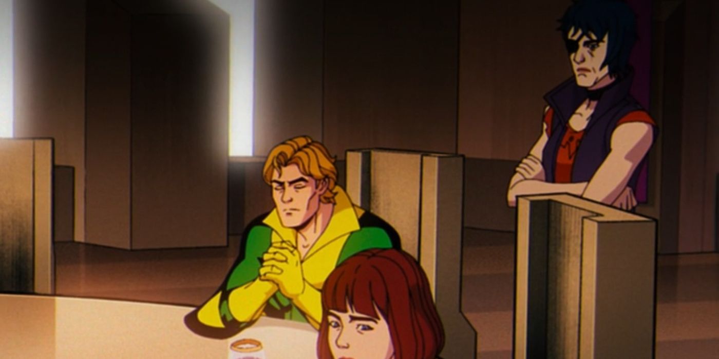 Callisto atrás de Moira e Banshee em Genosha em X-Men '97