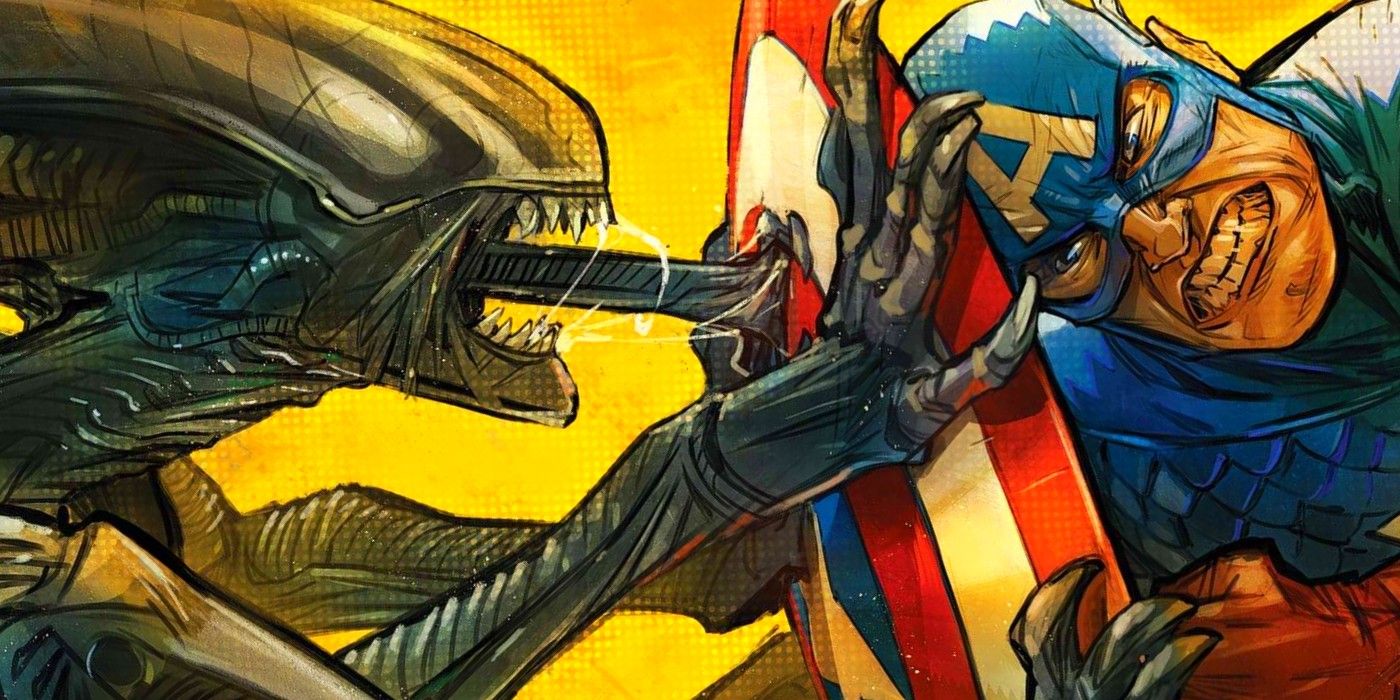 captain america fighting a xenomorph from aliens