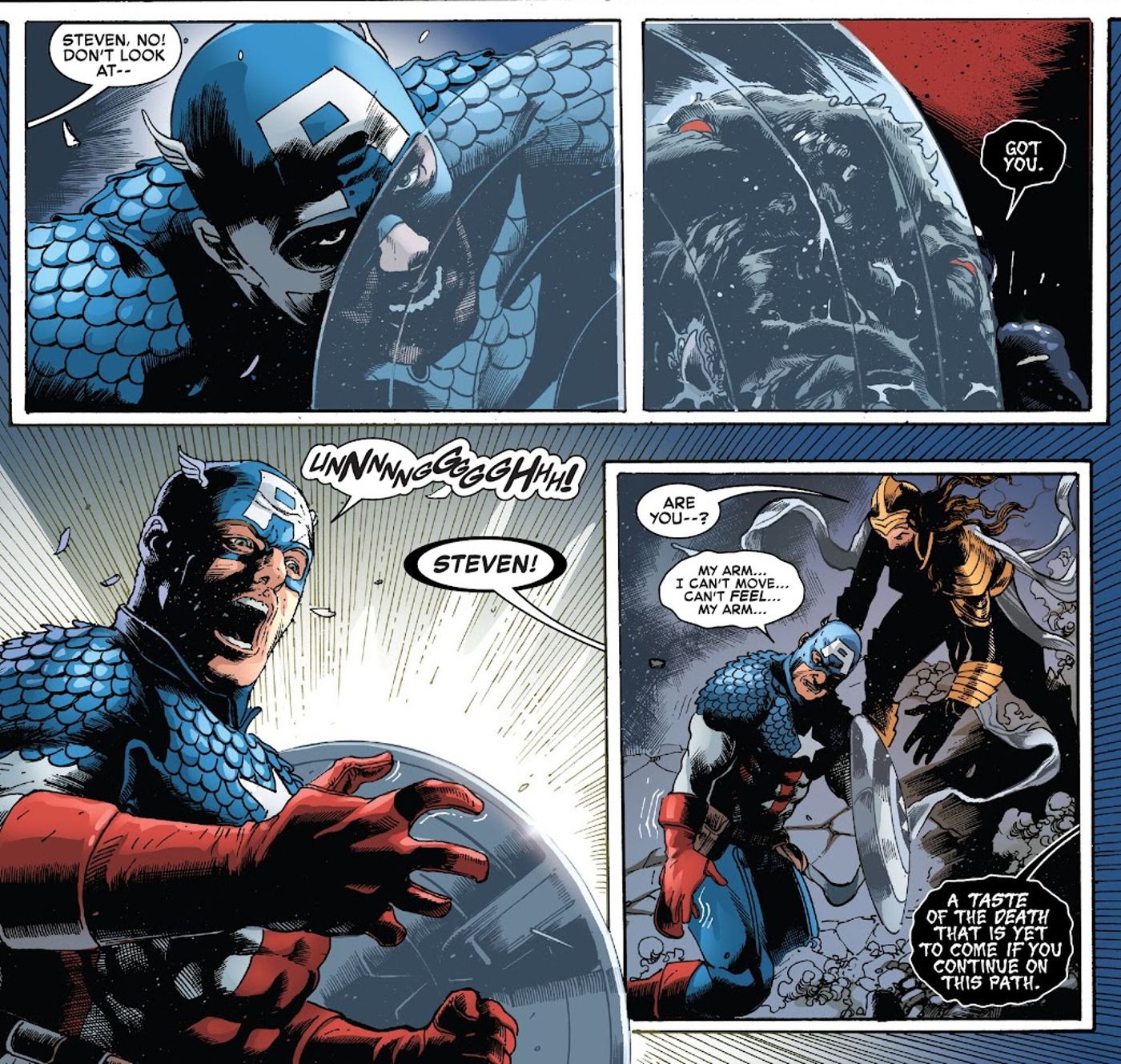 Captain America #8, Death attacks Captain America and injures his right arm. 