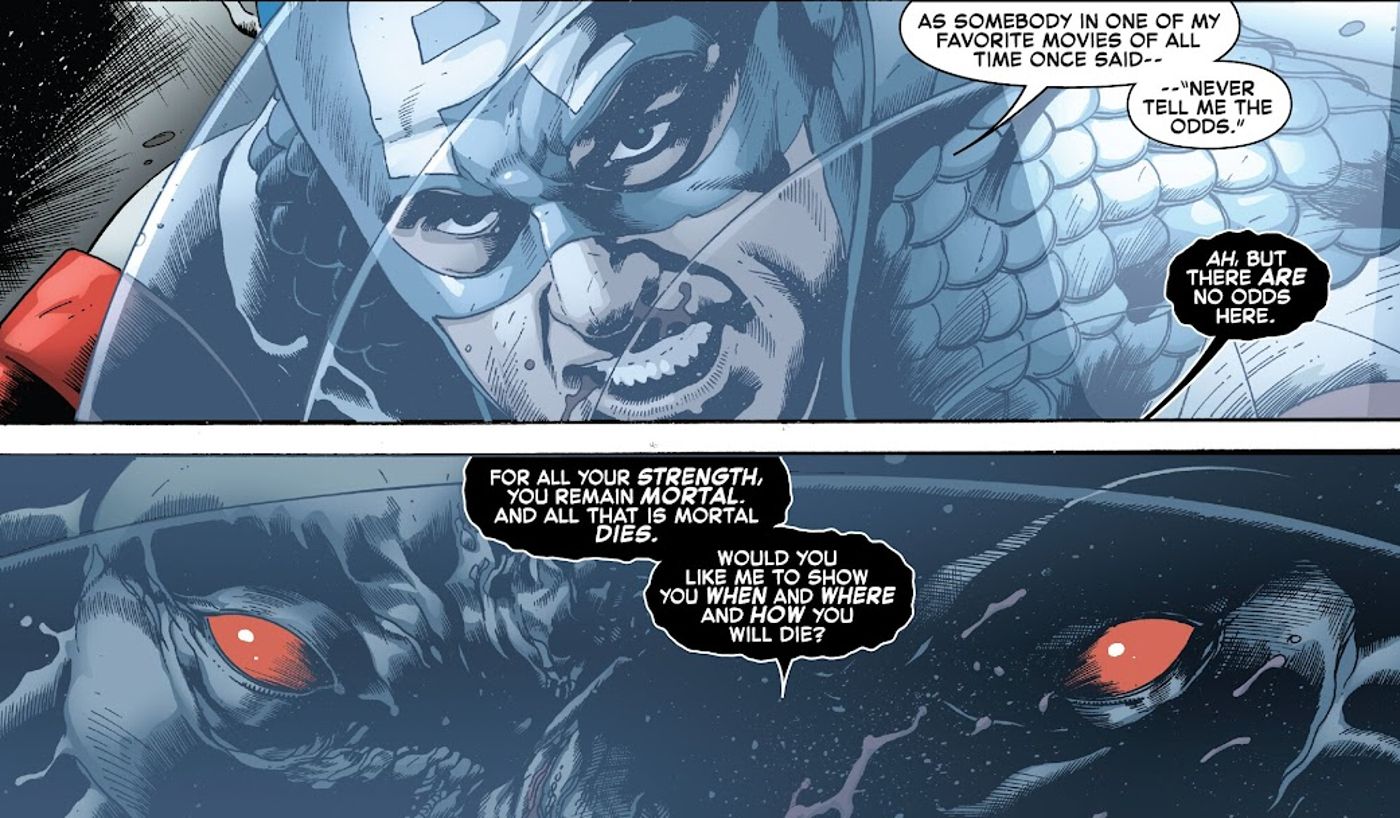 Captain America #8, Cap pictured behind his crystal shield, while Death offers to show Steve Rogers how he will die. 