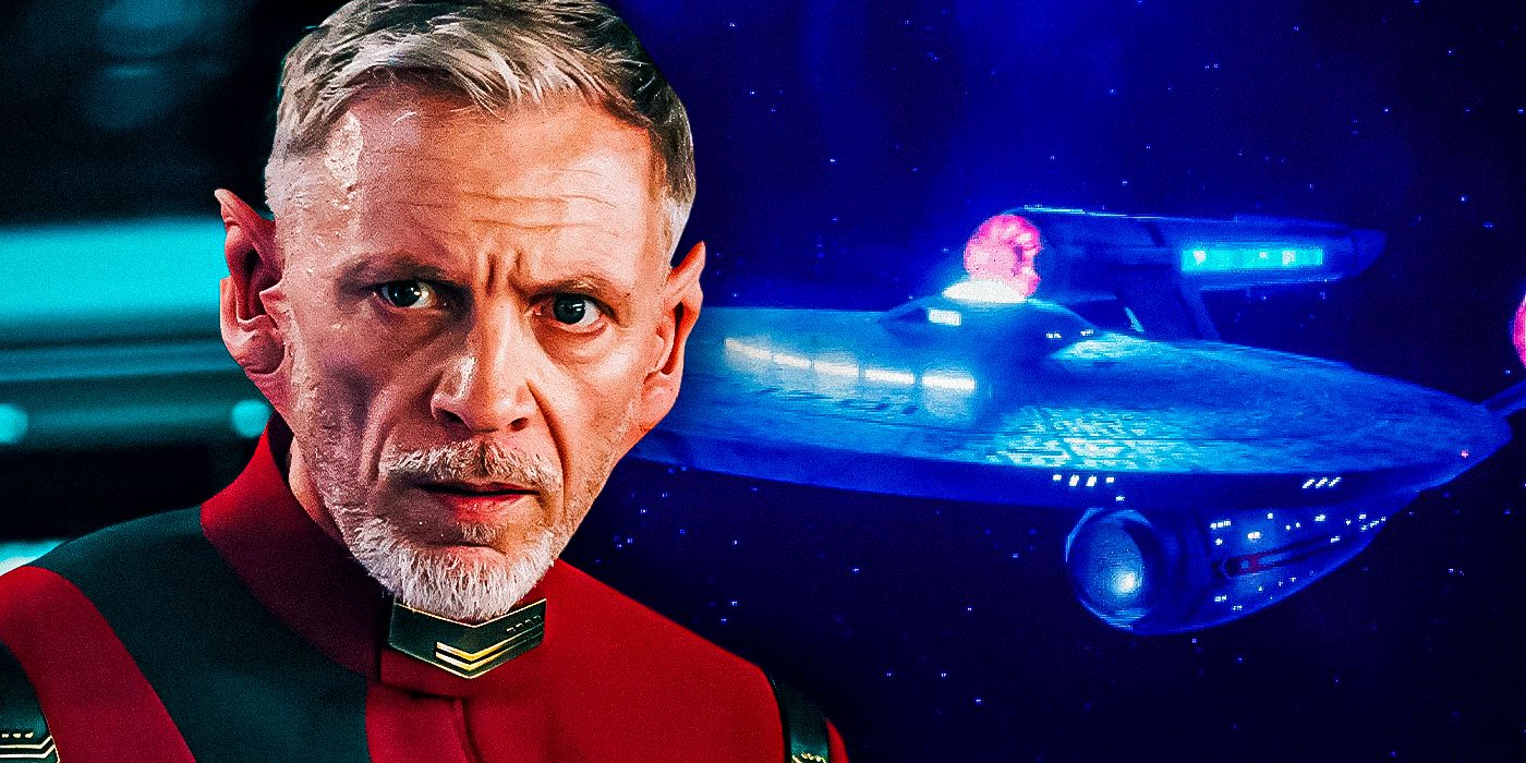 Commander Rayner looking grim in front of the USS Enterprise in Star Trek Discover