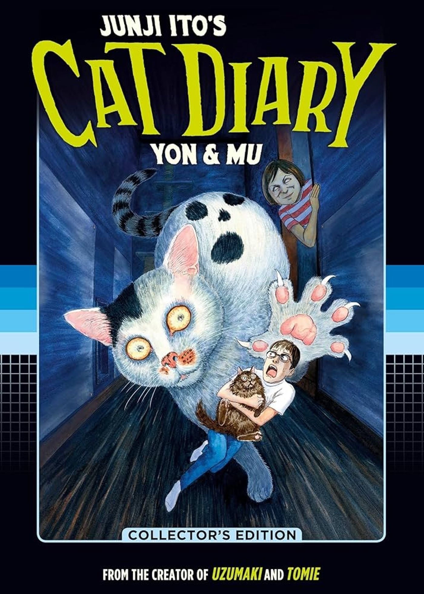Arte da capa do diário de gato de Junji Ito, apresentando Ito e seu gato Mu sendo perseguidos por uma versão gigante de seu outro gato, Yon