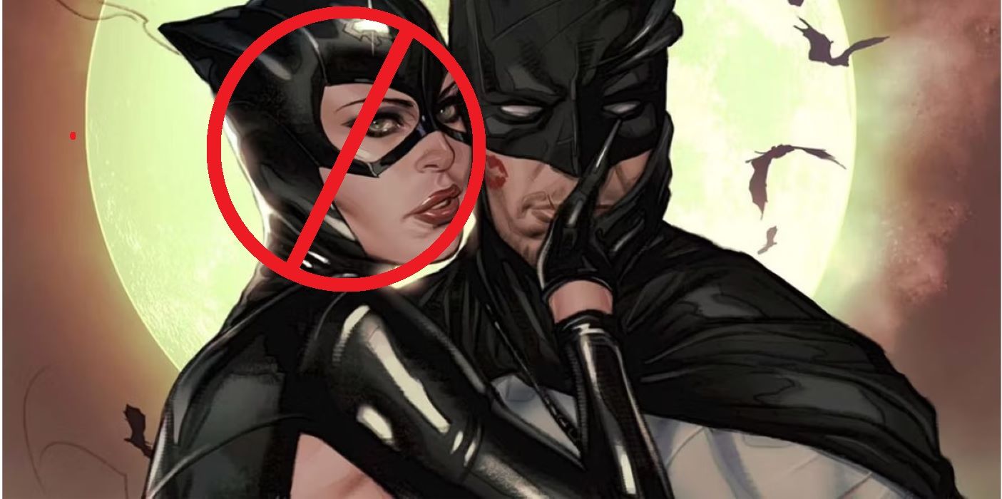 Catwoman and Batman romance kiss, Selina face crossed out