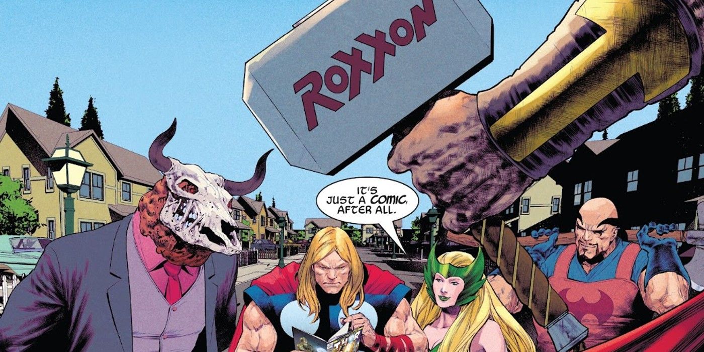 Chad Hammer aparece diante de Thor com Roxxon Minotaur Enchantress e Skurgg