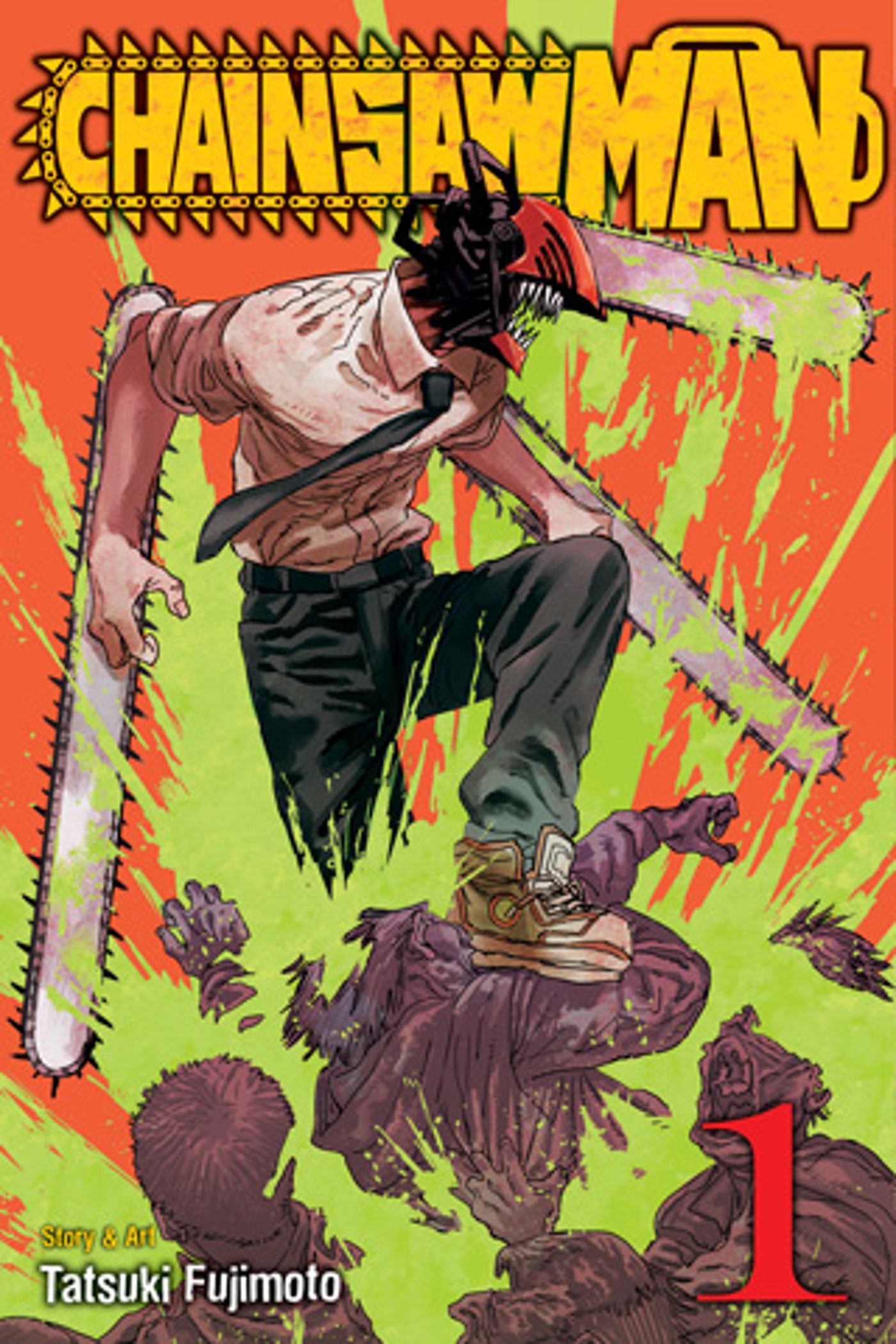 Chainsaw Man volume 1 cover depicting Denji as Chainsaw Man covered in green blood.
