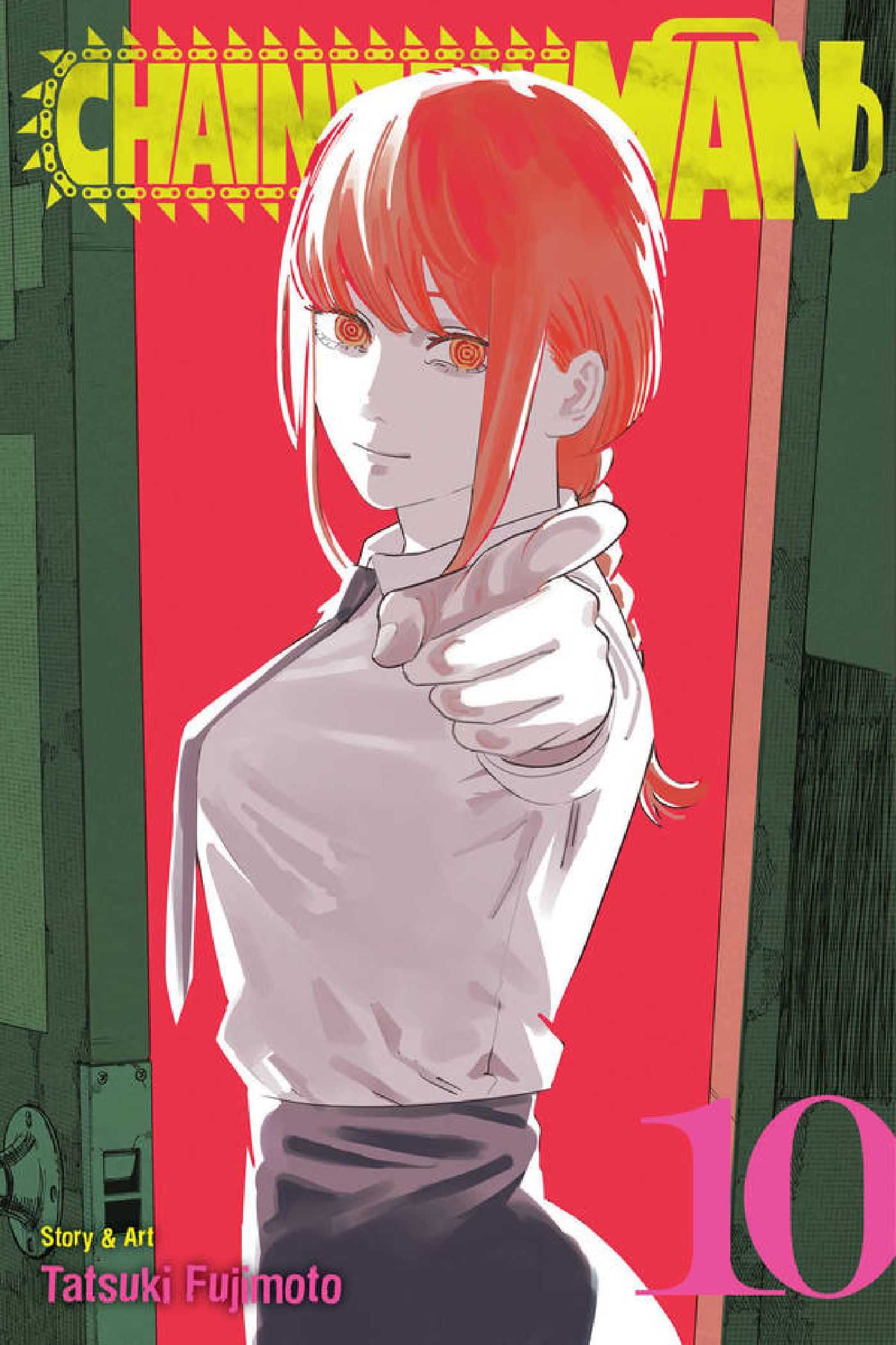 Chainsaw Man Volume 10 cover depicting Makima Pointing in front of an open door.