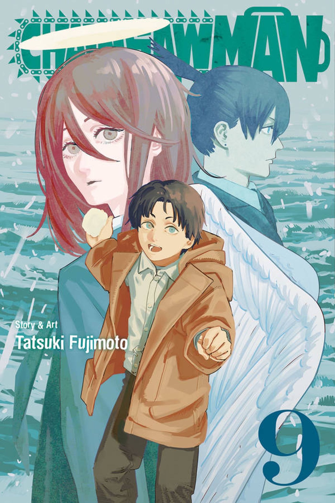 Chainsaw Man Volume 9 cover showing Aki, the Angel Devil, and a young Aki throwing a snowball in a snow storm.