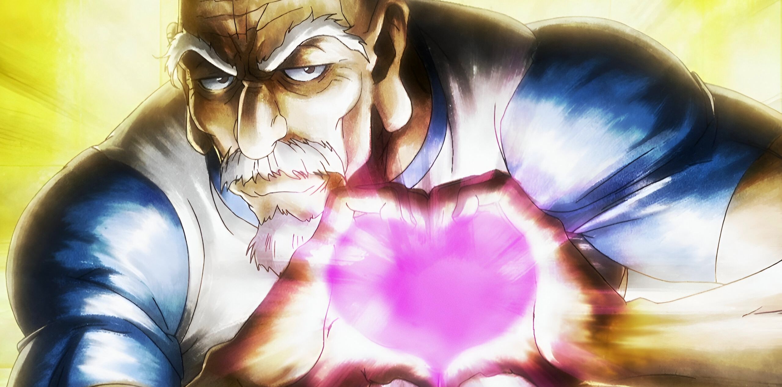 Chairman Netero launches Meruem into a pillar and forms a heart to thank him for their fight in Hunter x Hunter.